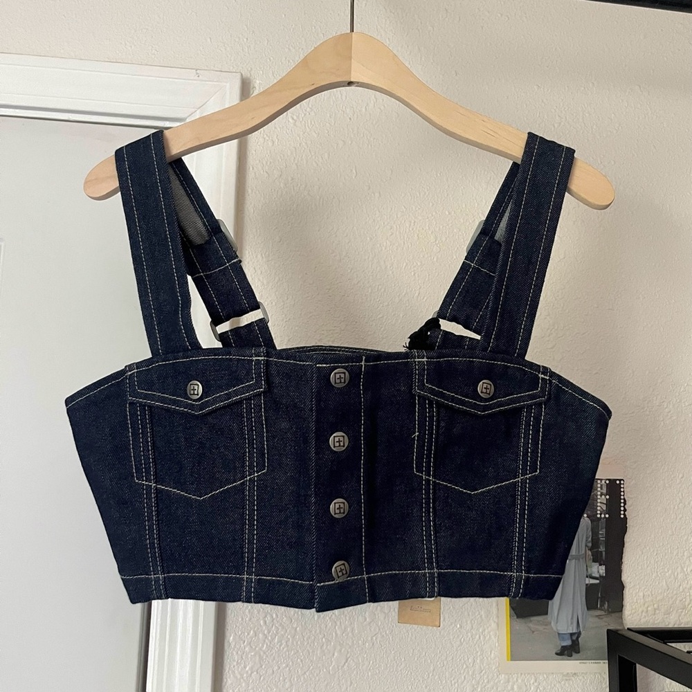 NWT KSUBI dark blue‎ denim cotton button up corset bustier tank top
